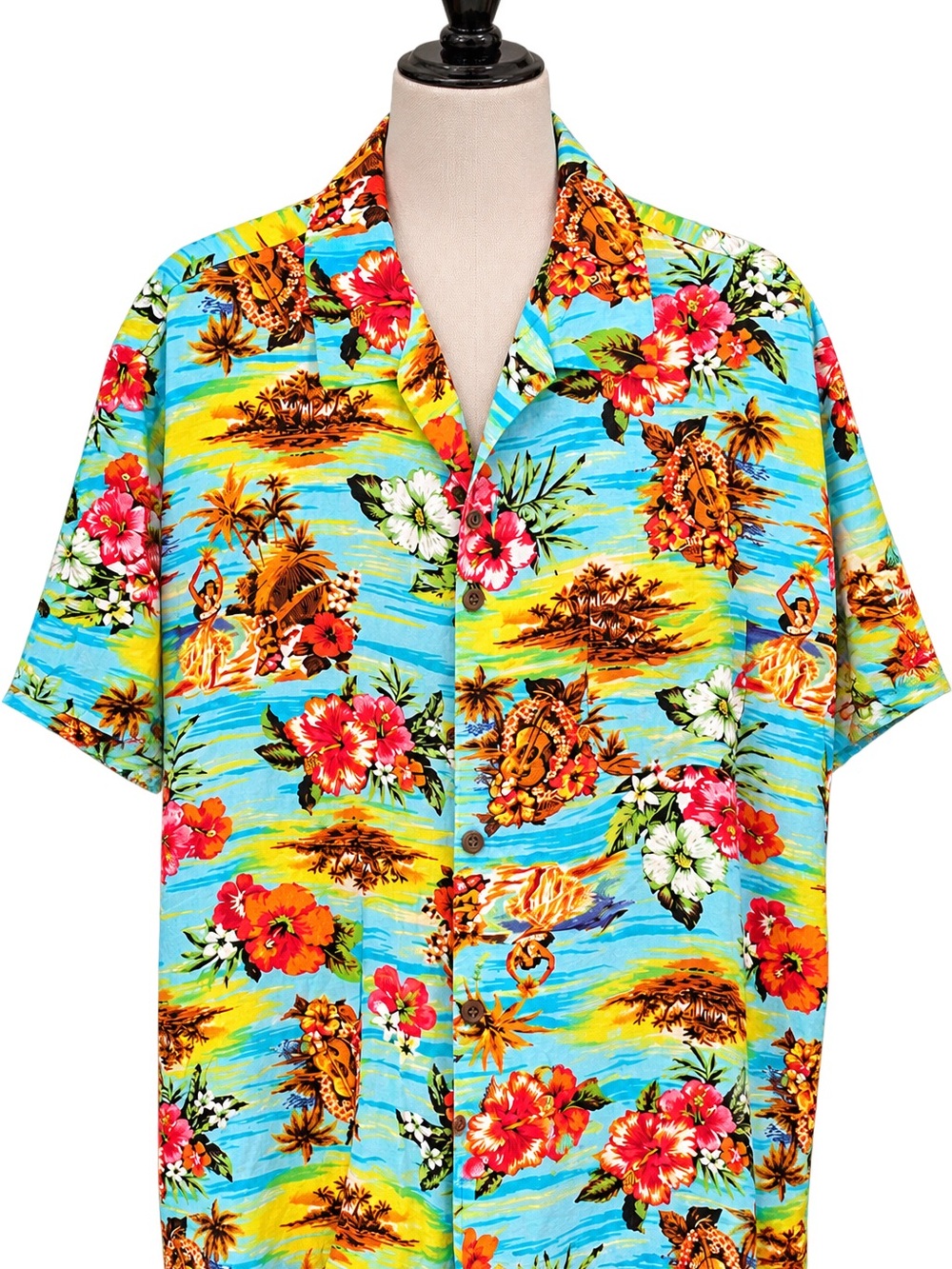 George Blue Tropical Hawaiian Button-Down Shirt with Multicolor Floral Print